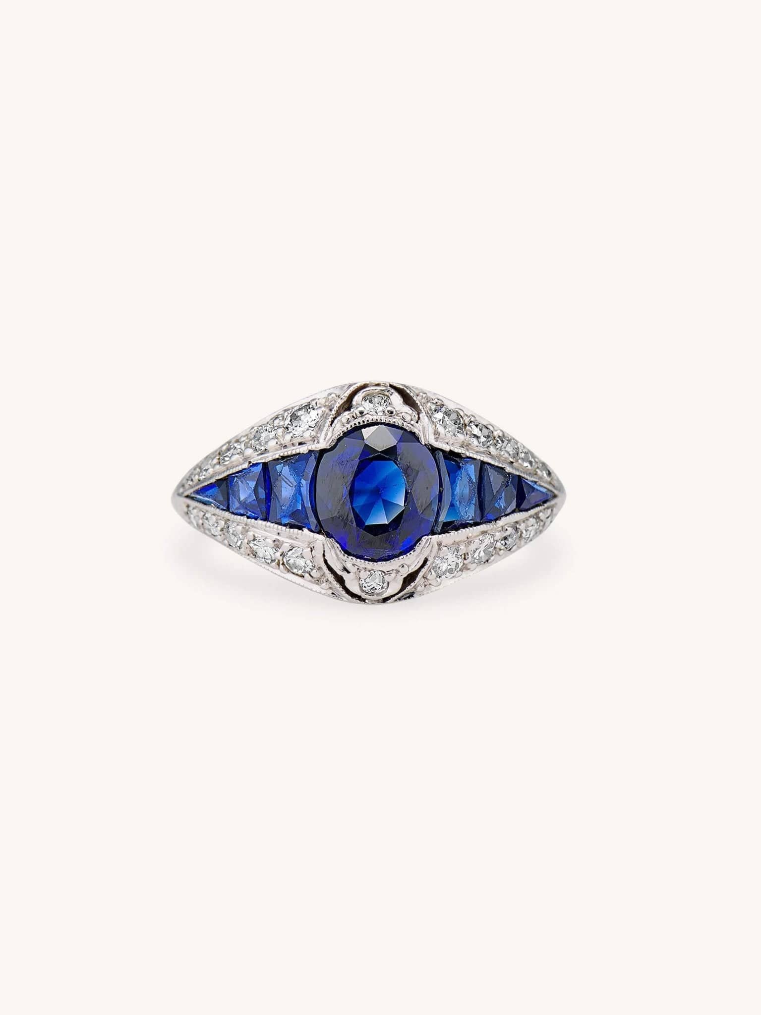 Art Deco Ct Oval Sapphire Diamond Dome Vintage Engagement - Main Image