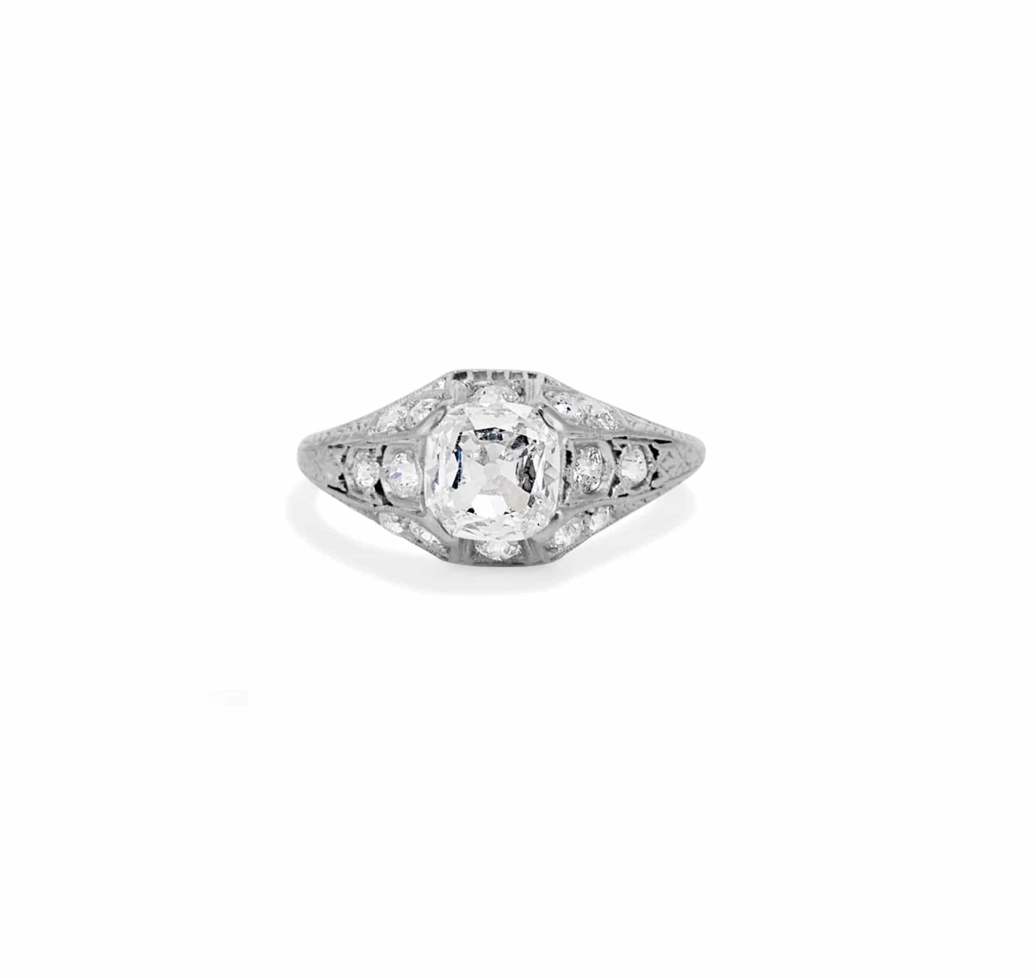 Edwardian Carat Old Mine Cushion Cut Diamond Filigree Ring