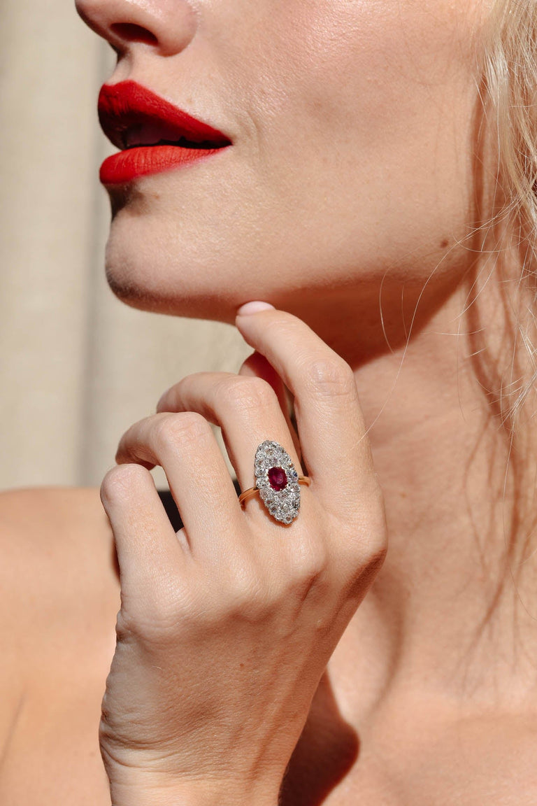 Edwardian Ruby & Diamond Navette Ring