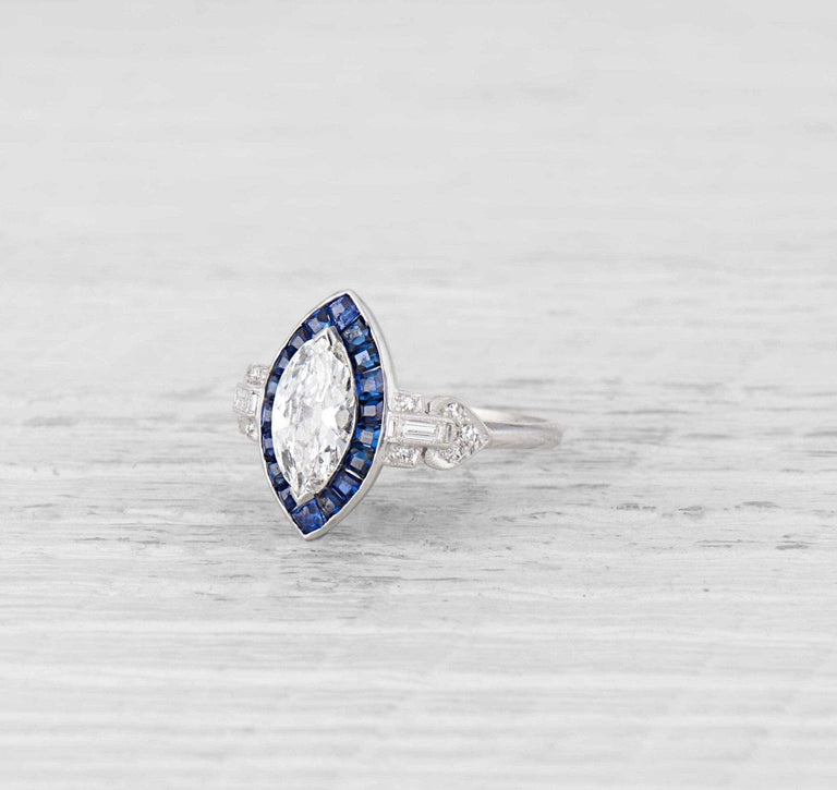 1.07 Carat Art Deco Diamond and Sapphire Engagement Ring