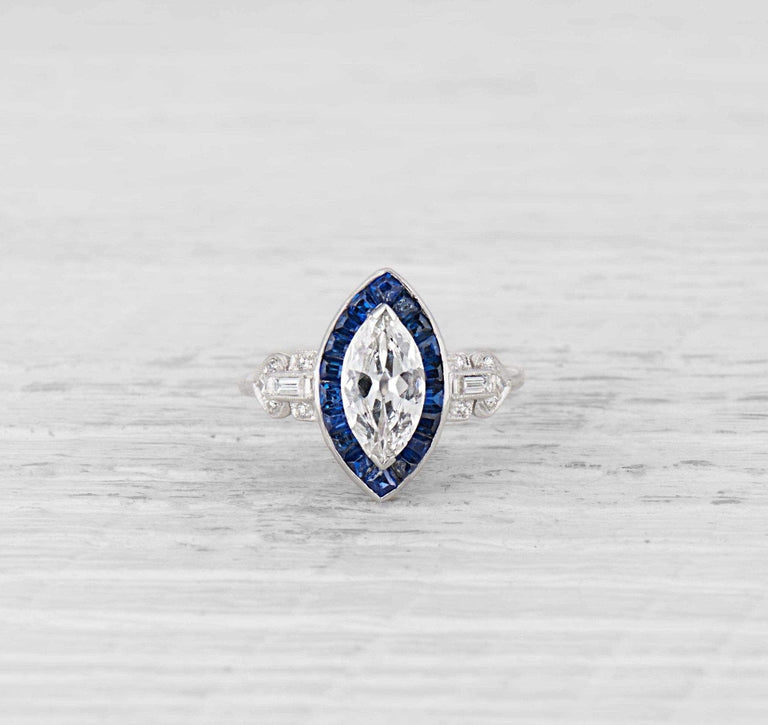 1.07 Carat Art Deco Diamond and Sapphire Engagement Ring