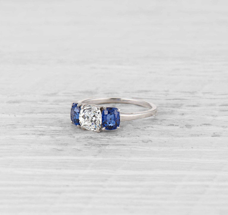 1.12 Carat Art Deco Diamond and Sapphire Three Stone Ring