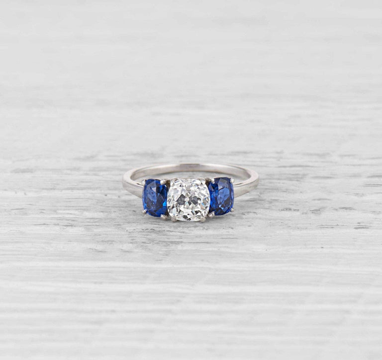 1.12 Carat Art Deco Diamond and Sapphire Three Stone Ring