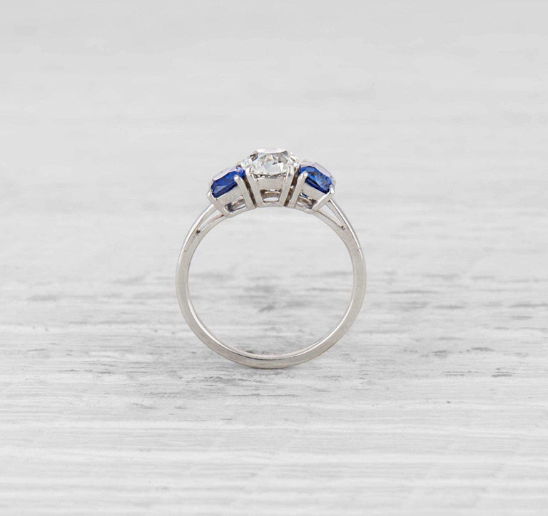1.12 Carat Art Deco Diamond and Sapphire Three Stone Ring