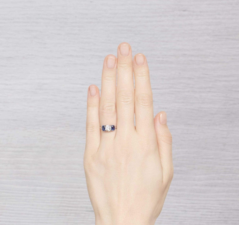 1.12 Carat Art Deco Diamond and Sapphire Three Stone Ring