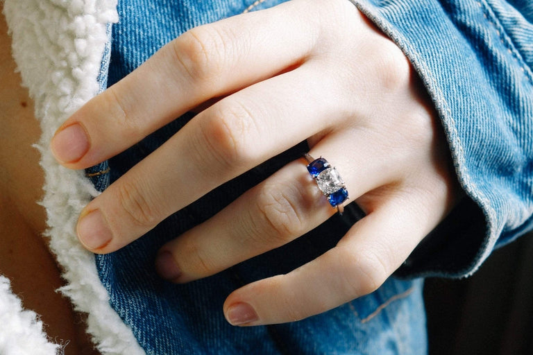 1.12 Carat Art Deco Diamond and Sapphire Three Stone Ring