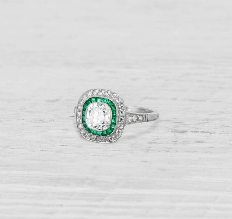 1.13 CARAT ART DECO DIAMOND AND EMERALD ENGAGEMENT RING