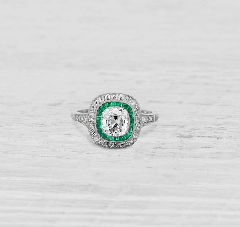 1.13 CARAT ART DECO DIAMOND AND EMERALD ENGAGEMENT RING