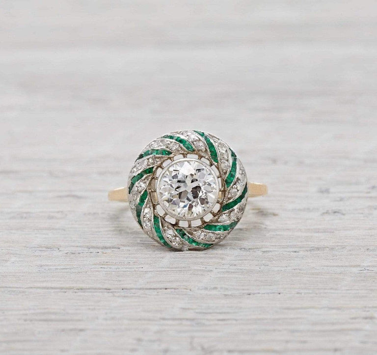 1.15 Carat Edwardian Diamond and Emerald Engagement Ring