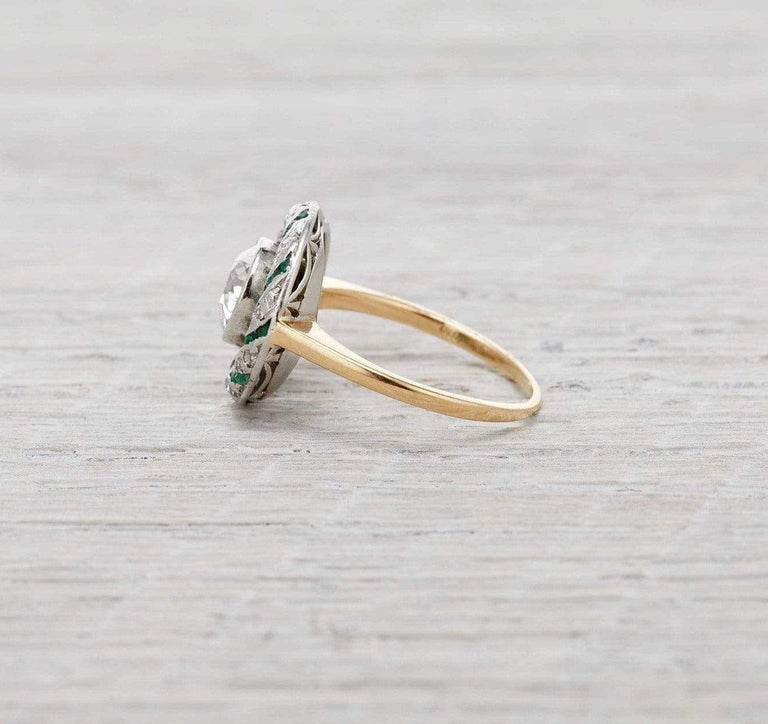 1.15 Carat Edwardian Diamond and Emerald Engagement Ring
