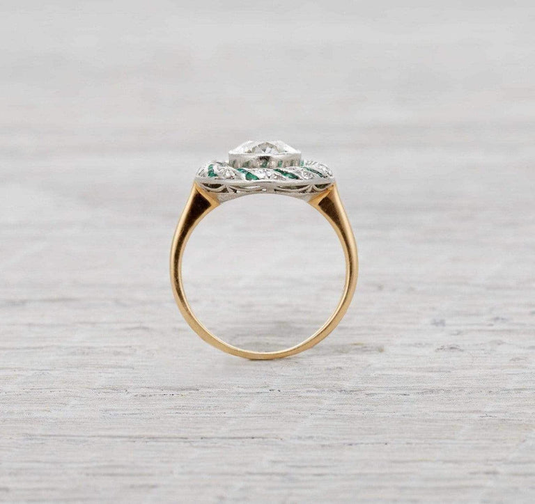 1.15 Carat Edwardian Diamond and Emerald Engagement Ring