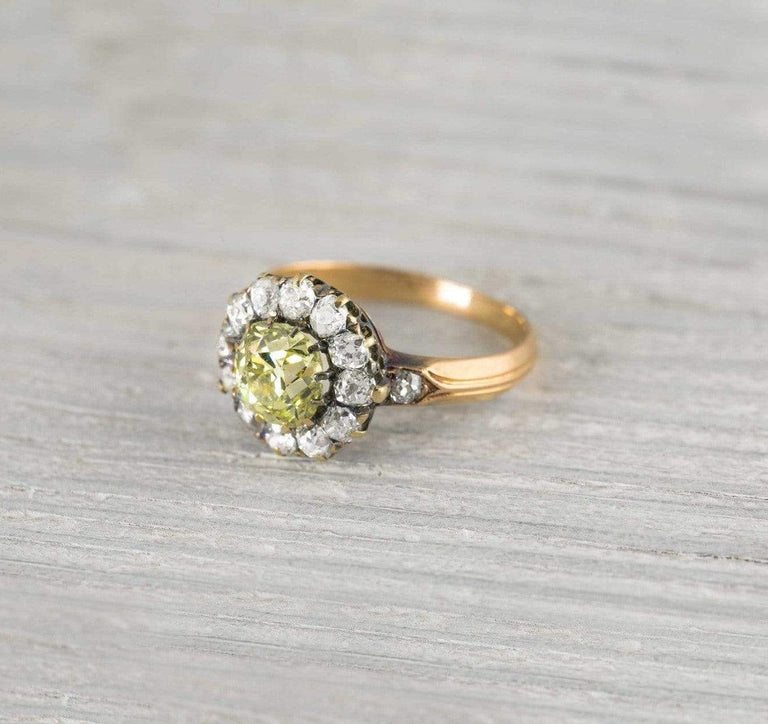 1.29 Carat Antique Cushion Cut Yellow Diamond Cluster Engagement Ring