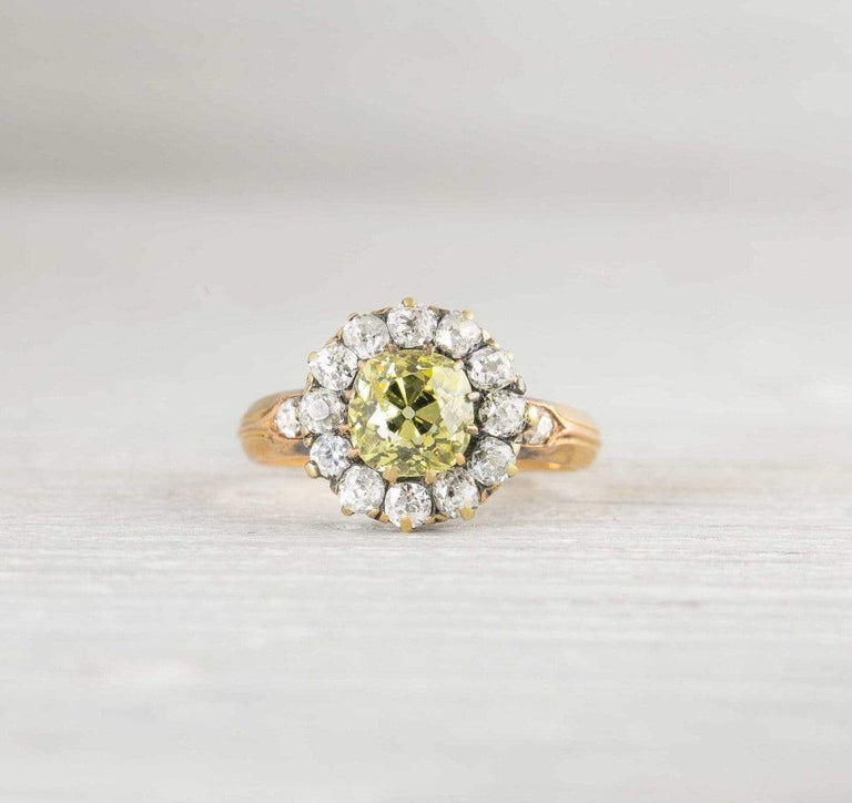 1.29 Carat Antique Cushion Cut Yellow Diamond Cluster Engagement Ring
