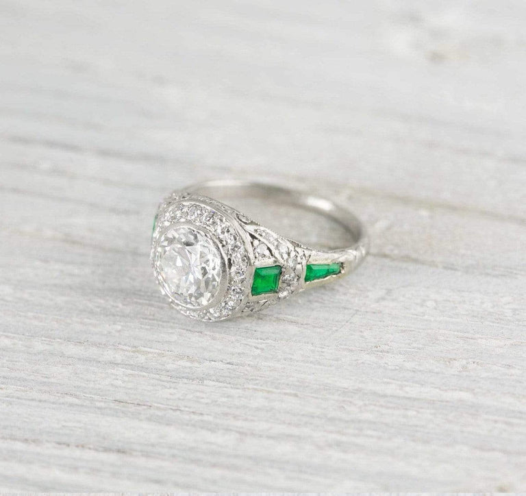 1.35 Carat Art Deco Diamond & Emerald Engagement Ring