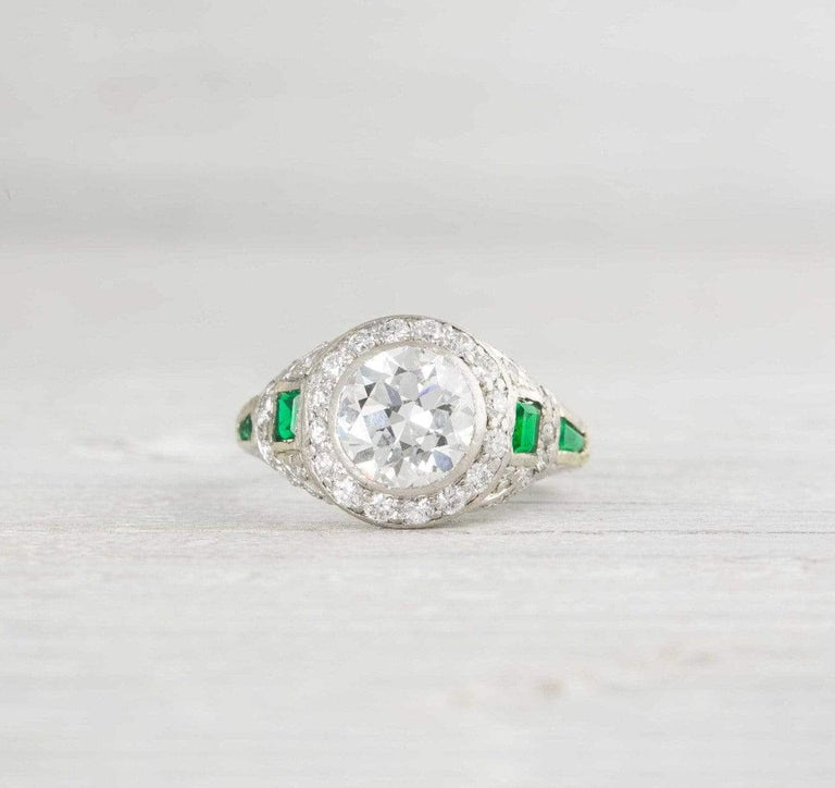 1.35 Carat Art Deco Diamond & Emerald Engagement Ring