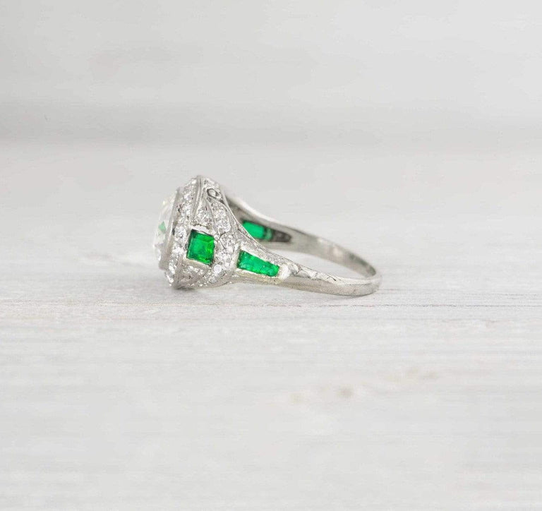 1.35 Carat Art Deco Diamond & Emerald Engagement Ring