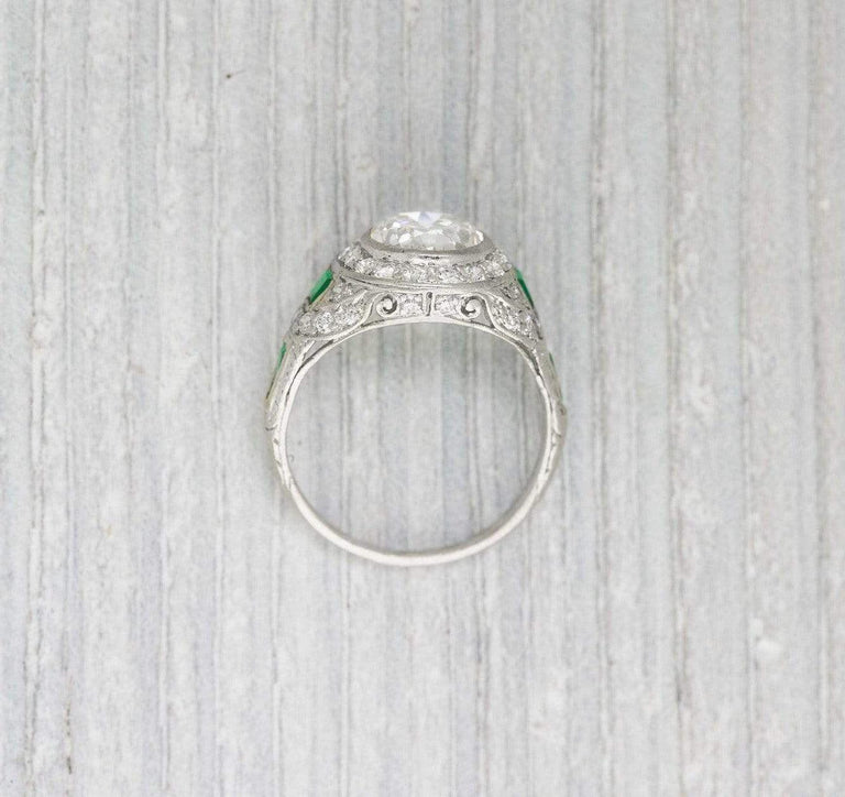 1.35 Carat Art Deco Diamond & Emerald Engagement Ring