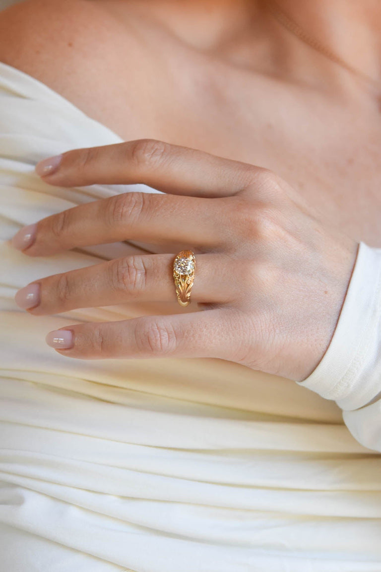 1.41Ct Old Mine Art Nouveau Carved Gold Antique Engagement Ring