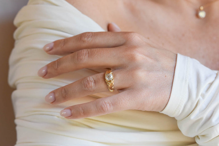 1.41Ct Old Mine Art Nouveau Carved Gold Antique Engagement Ring