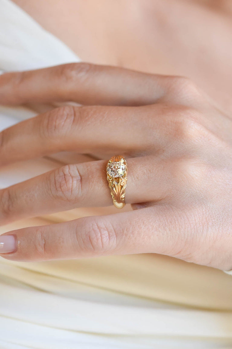 1.41Ct Old Mine Art Nouveau Carved Gold Antique Engagement Ring