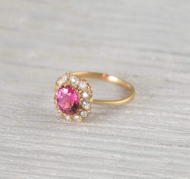1.50 Carat Antique Victorian Rubelite & Diamond Cluster Engagement Ring