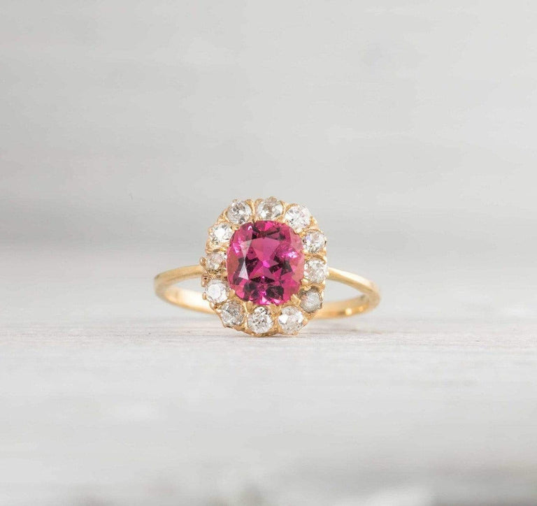 1.50 Carat Antique Victorian Rubelite & Diamond Cluster Engagement Ring