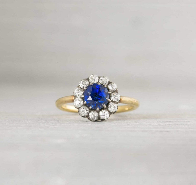1.50 Carat Antique Victorian Sapphire & Diamond Cluster Engagement Ring