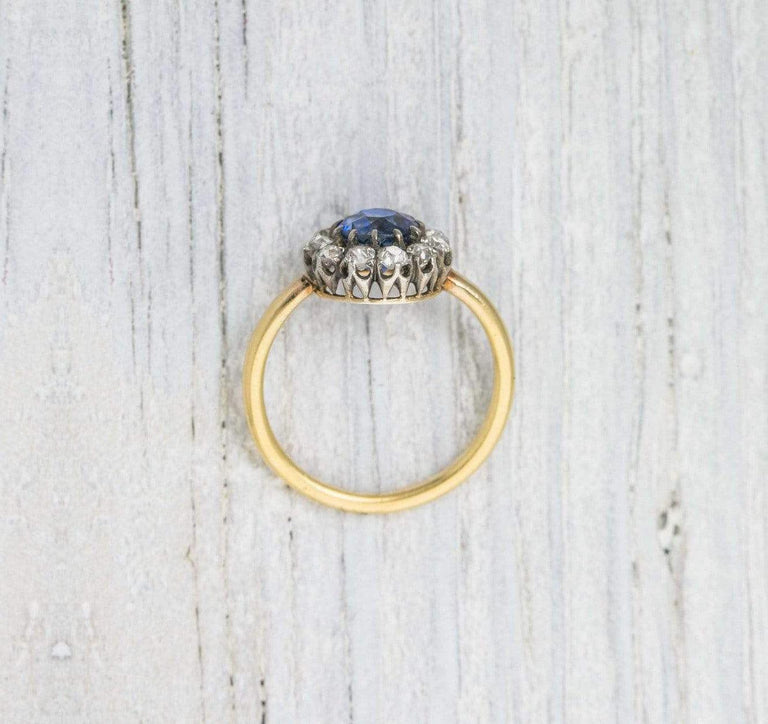 1.50 Carat Antique Victorian Sapphire & Diamond Cluster Engagement Ring