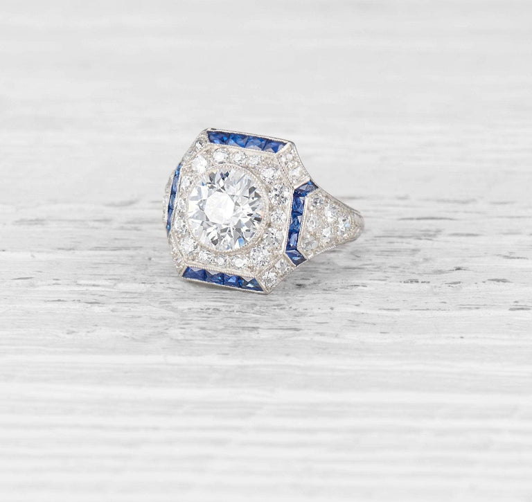 1.82 CARAT ART DECO DIAMOND AND SAPPHIRE ENGAGEMENT RING