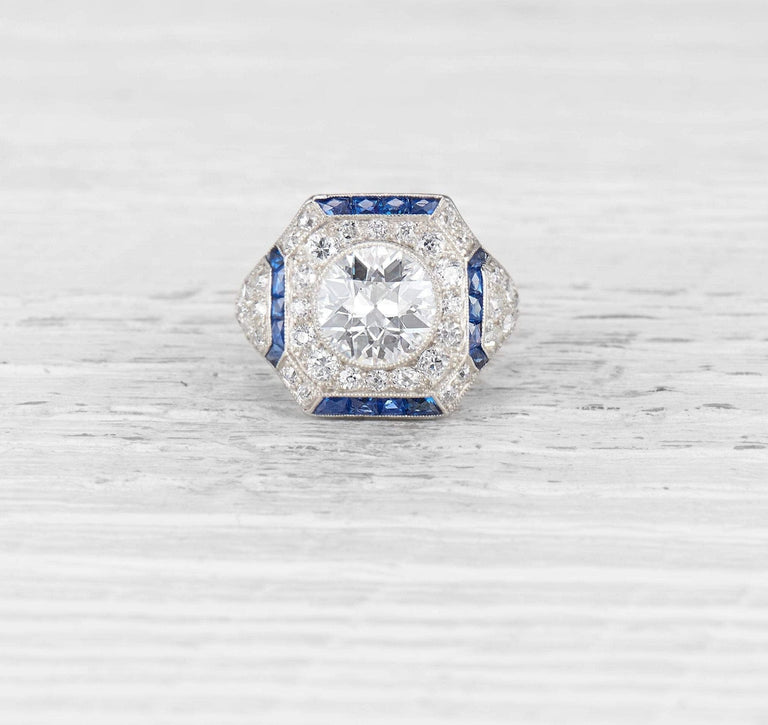 1.82 CARAT ART DECO DIAMOND AND SAPPHIRE ENGAGEMENT RING