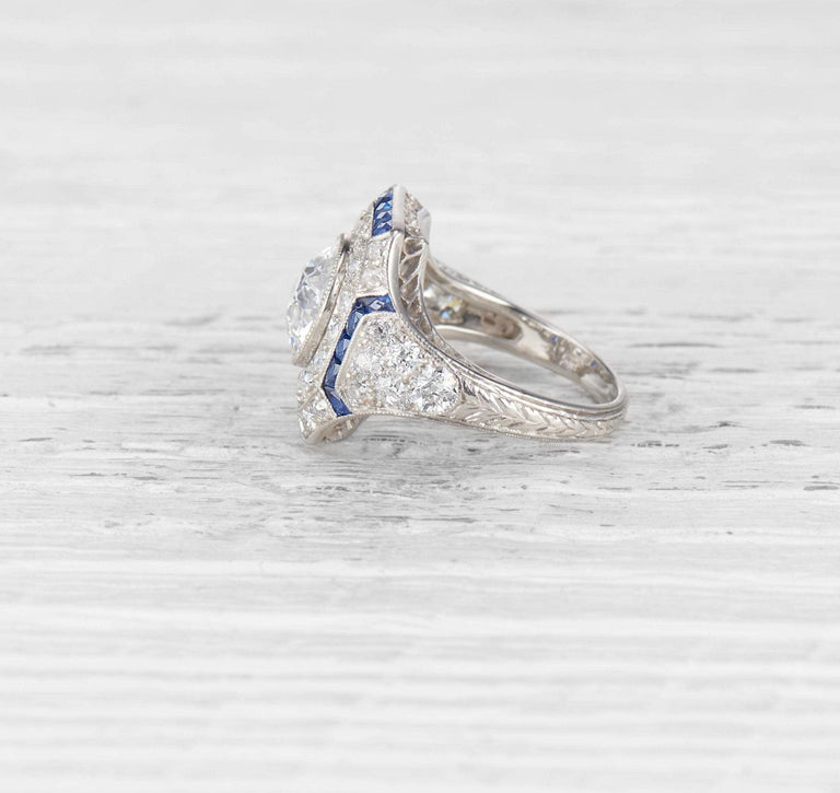 1.82 CARAT ART DECO DIAMOND AND SAPPHIRE ENGAGEMENT RING
