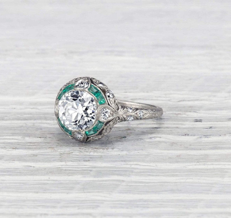 1.87 Carat Edwardian Diamond and Emerald Engagement Ring