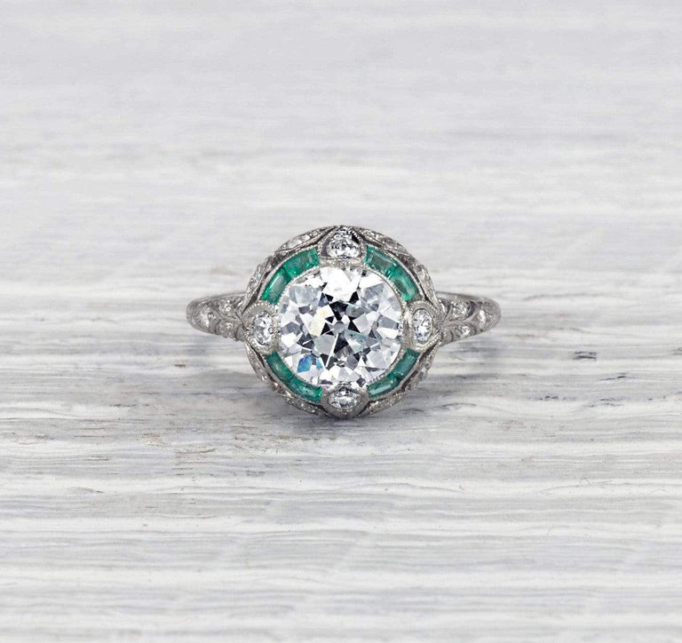 1.87 Carat Edwardian Diamond and Emerald Engagement Ring