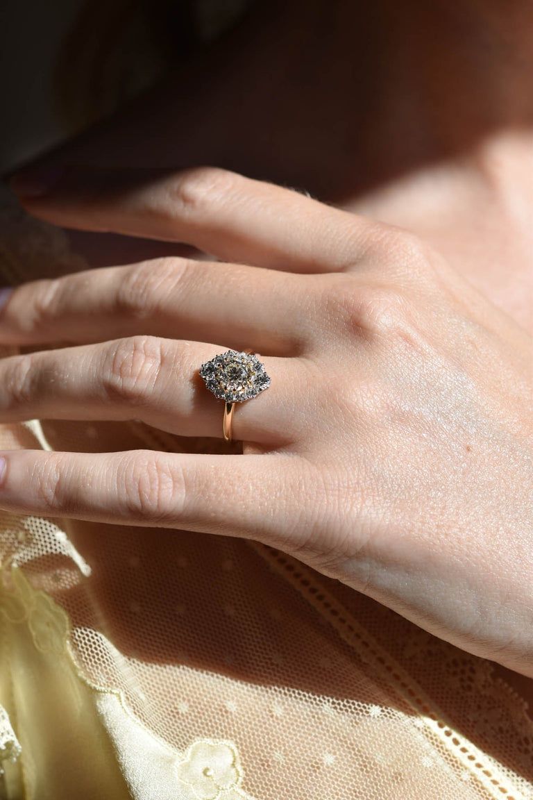 1.62ct Old European Cut Diamond Cluster Engagement Ring | Leia on a hand