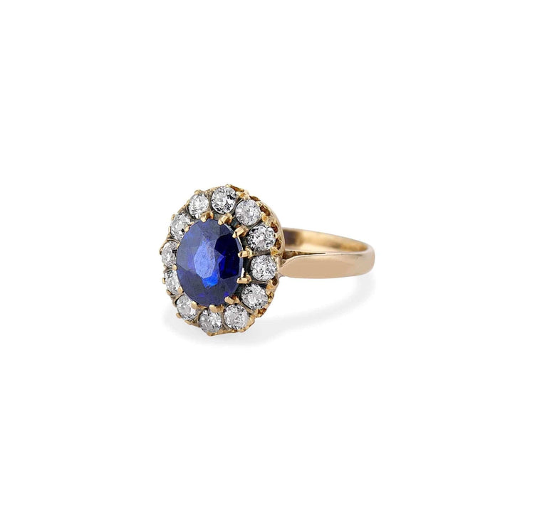 1880s Victorian Oval Cut Sapphire & Diamond Cluster in Gold