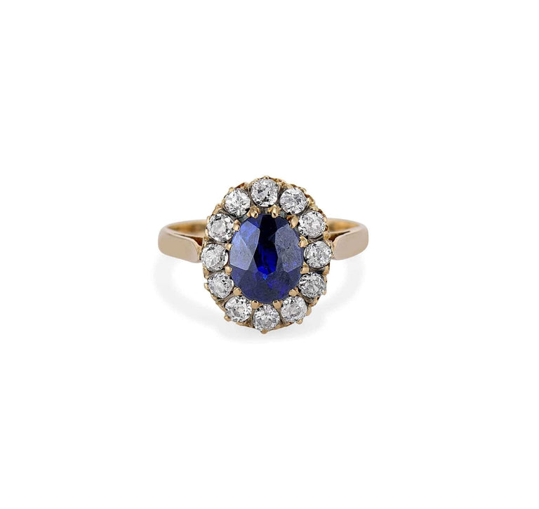 1880s Victorian Oval Cut Sapphire & Diamond Cluster in Gold