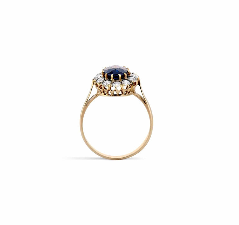 1880s Victorian Oval Cut Sapphire & Diamond Cluster in Gold