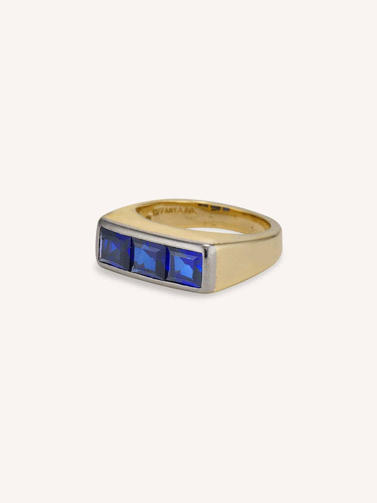 1960s 2.10 Carat Table Cut Sapphire Three Stone Ring, Tiffany & Co.