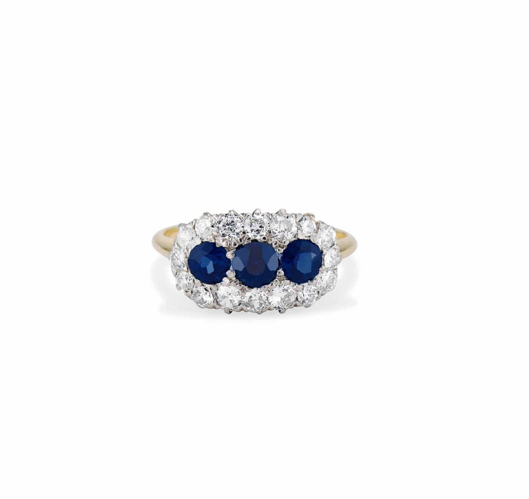 19th Century 3-Stone Sapphire and Diamond Ring