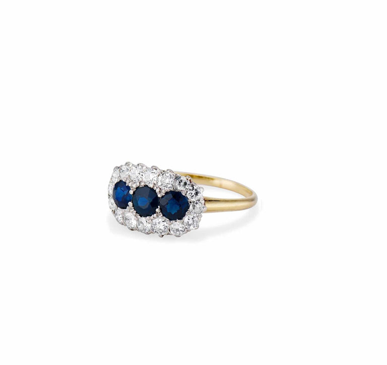 19th Century 3-Stone Sapphire and Diamond Ring