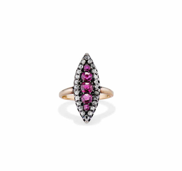 19th Century Garnet and Rose-Cut Diamond Navette Ring