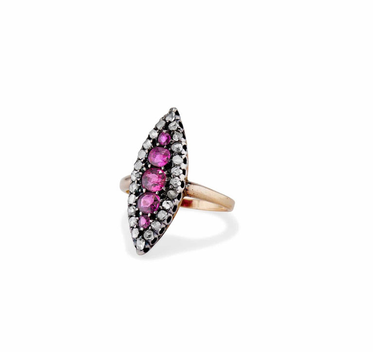 19th Century Garnet and Rose-Cut Diamond Navette Ring