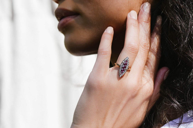 19th Century Garnet and Rose-Cut Diamond Navette Ring
