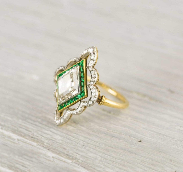 2.80 Carat Platinum on Gold Edwardian Diamond & Emerald Engagement Ring