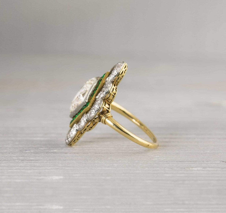 2.80 Carat Platinum on Gold Edwardian Diamond & Emerald Engagement Ring