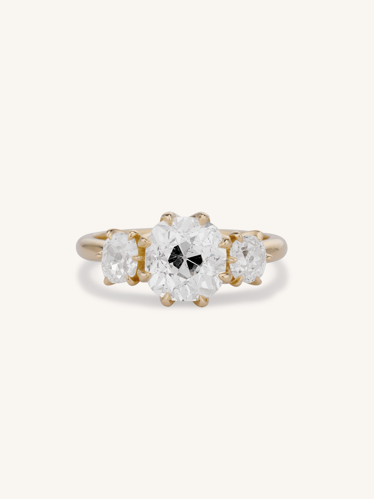 2.26ct Old Mine Cut Three-Stone Diamond Ring in 18K Yellow Gold | Celeste
