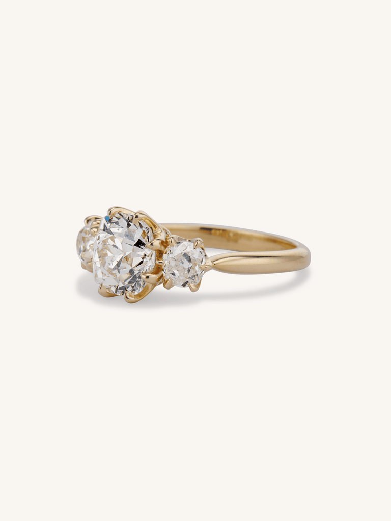 2.26ct Old Mine Cut Three-Stone Diamond Ring in 18K Yellow Gold | Celeste 3/4