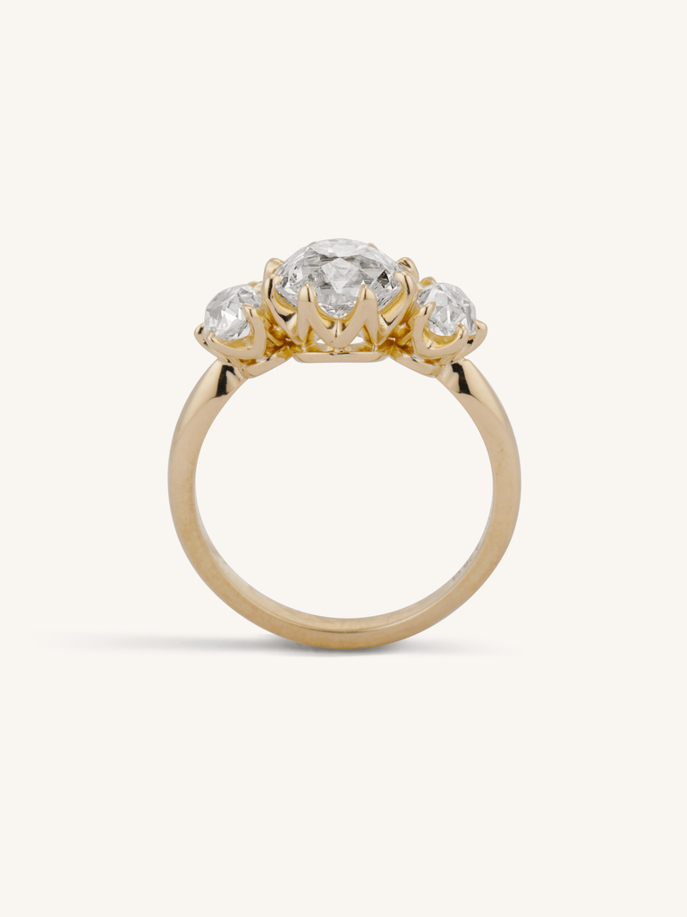 2.26ct Old Mine Cut Three-Stone Diamond Ring in 18K Yellow Gold | Celeste Profile
