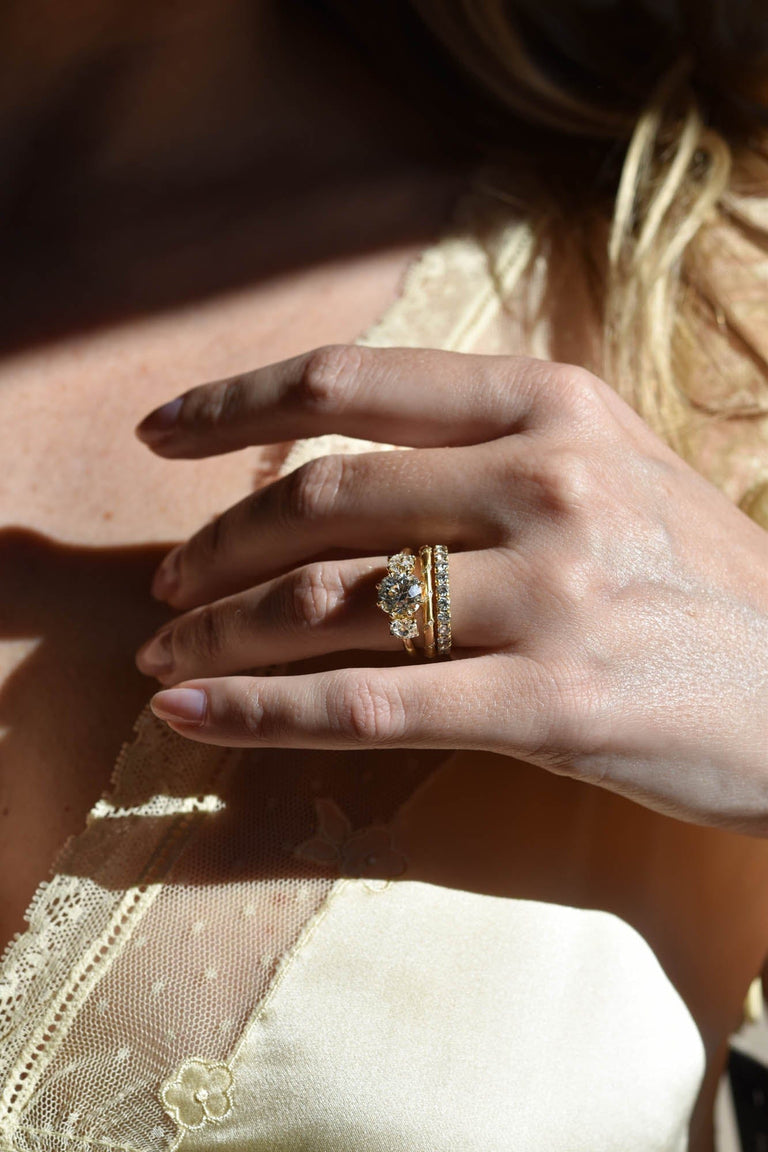 2.26ct Old Mine Cut Three-Stone Diamond Ring in 18K Yellow Gold | Celeste on a hand 3