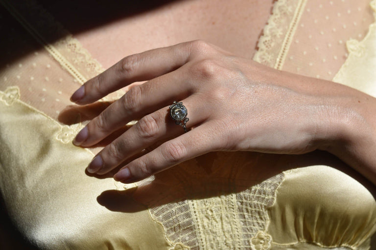 2.28ct Antique Old European Cut Diamond Engagement Ring | Black Rose on a  hand 2